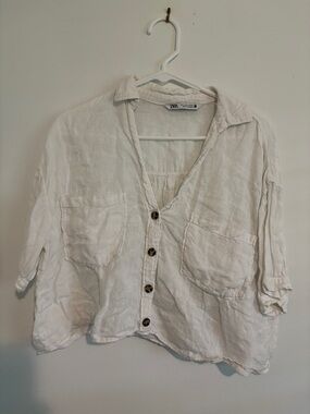 Zara Off-White Linen Button-Front Pocket Blouse